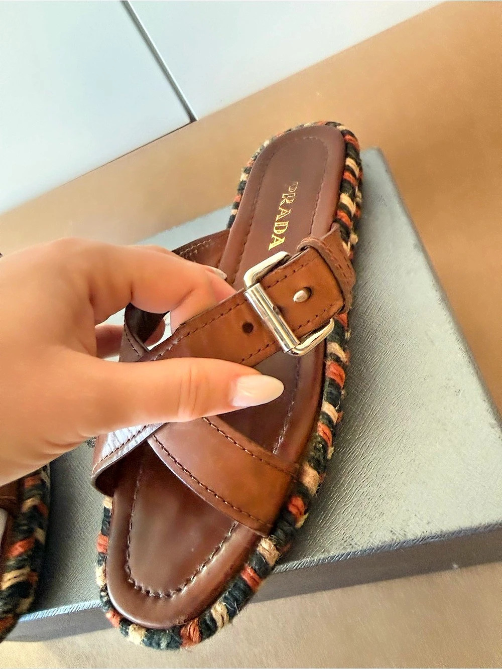 Prada Brown Leather Crisscross Buckle Espadrille Slide Sandals EU 38.5